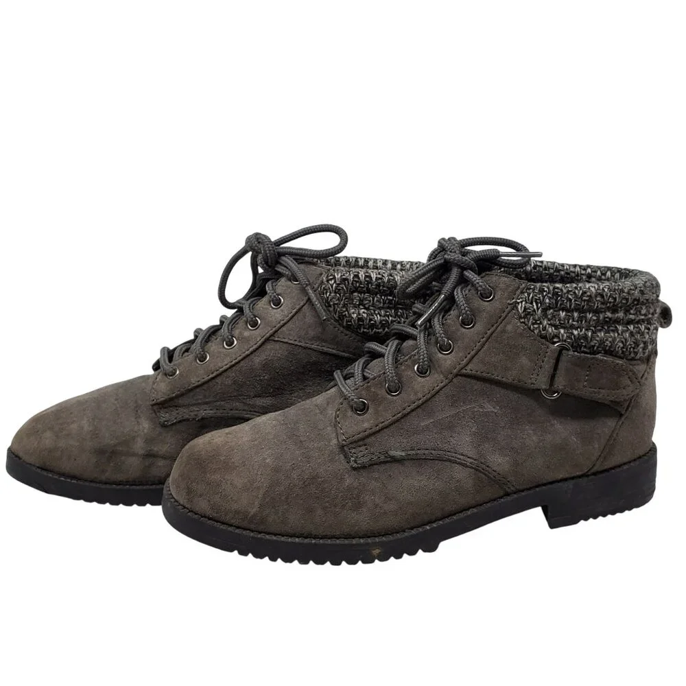 Vintage 80s Rugged Outback Gray Leather Lace-Up Ankle Boots‎ Size 6.5M Knit Cuff